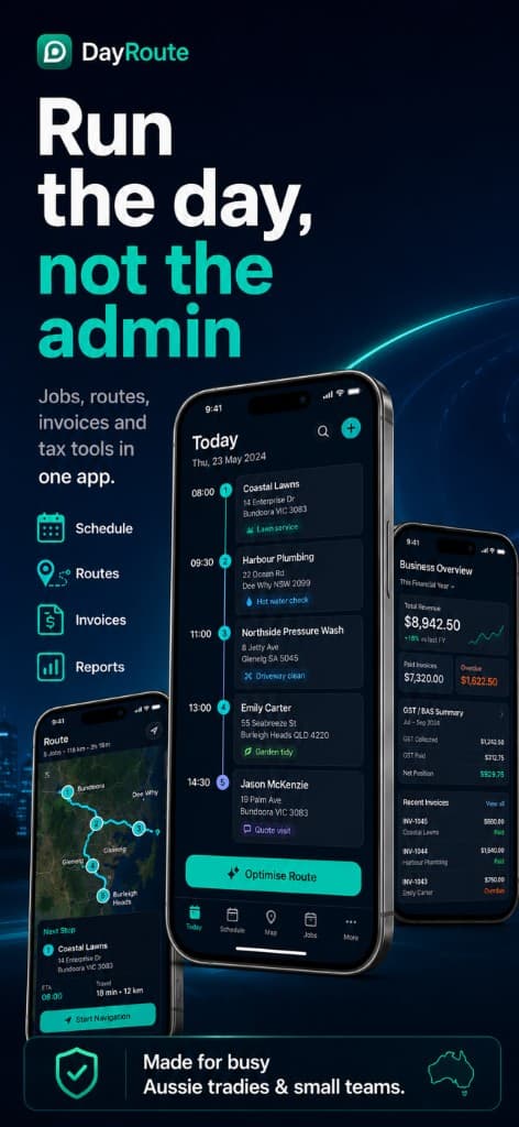 DayRoute — run the day, not the admin. Schedule, routes, invoices and reports on iPhone